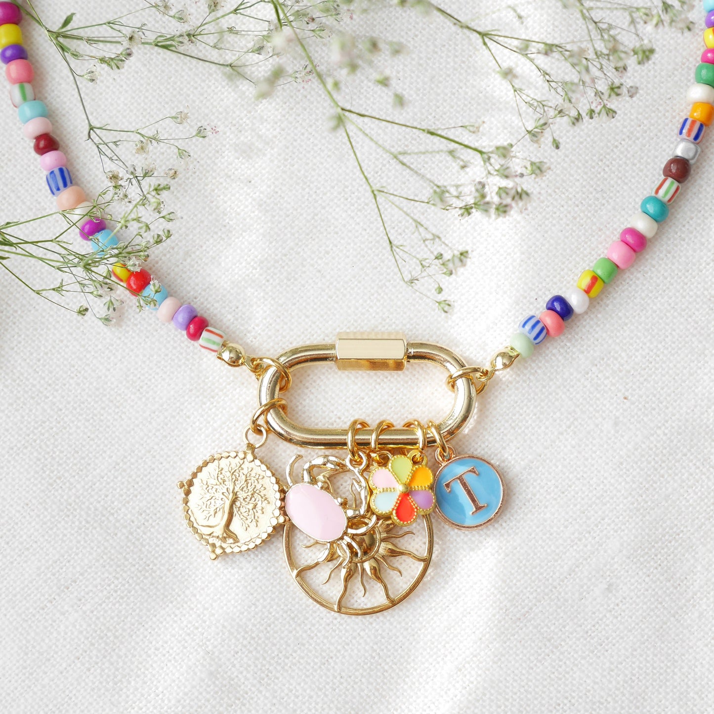 Colorful beaded carabiner necklace | Custom charm choker | Seed bead personalized jewelry gift for her with multicolor and striped beads