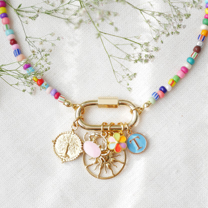 Colorful beaded carabiner necklace | Custom charm choker | Seed bead personalized jewelry gift for her with multicolor and striped beads