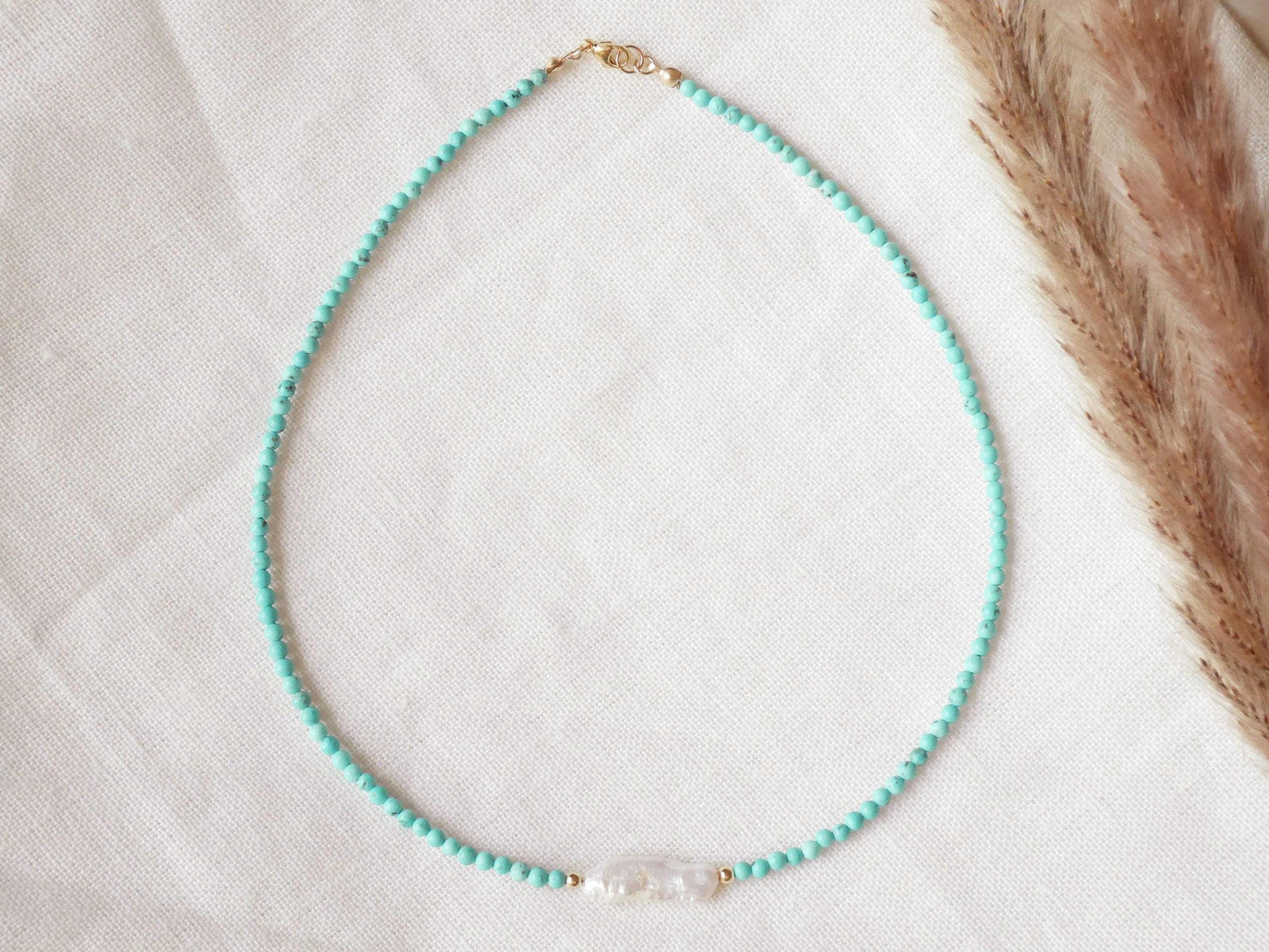 Turquoise long pearl necklace | Turquoise stone gold necklace | Small stone beads choker with freshwater pearl | Beaded turquoise jewelry