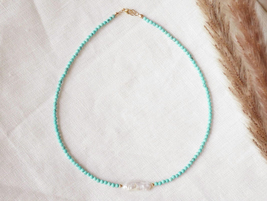Turquoise long pearl necklace | Turquoise stone gold necklace | Small stone beads choker with freshwater pearl | Beaded turquoise jewelry