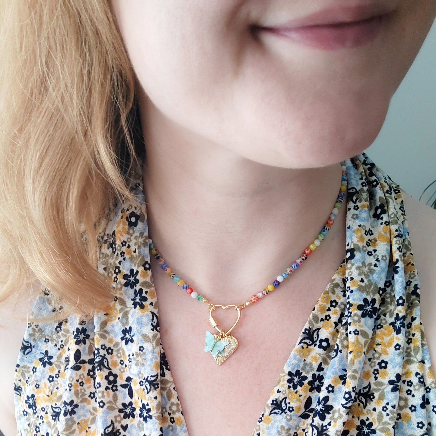 Millefiori heart carabiner necklace | Charms in a lock necklace | Custom pendants beaded jewelry | Colorful beads customized gift for her