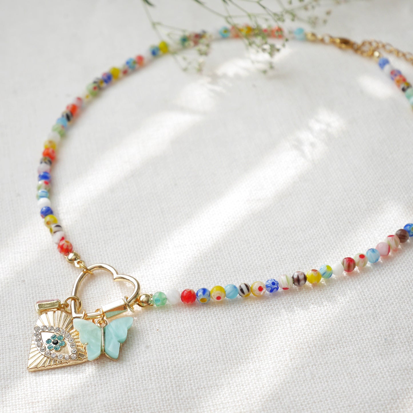 Millefiori heart carabiner necklace | Charms in a lock necklace | Custom pendants beaded jewelry | Colorful beads customized gift for her