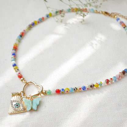 Millefiori heart carabiner necklace | Charms in a lock necklace | Custom pendants beaded jewelry | Colorful beads customized gift for her