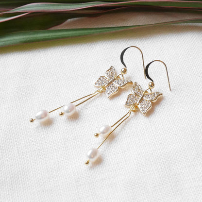 Butterfly pearl dangle earrings | Long freshwater pearl drop earrings | Ethereal dainty light-weight jewelry | Fairytale romantic gift idea