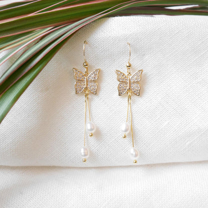 Butterfly pearl dangle earrings | Long freshwater pearl drop earrings | Ethereal dainty light-weight jewelry | Fairytale romantic gift idea