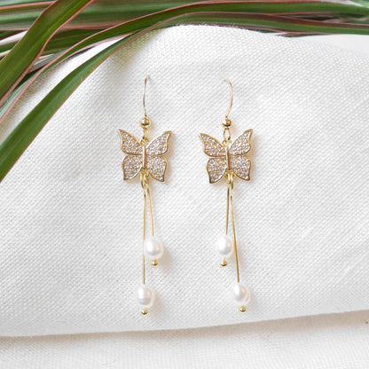 Butterfly pearl dangle earrings | Long freshwater pearl drop earrings | Ethereal dainty light-weight jewelry | Fairytale romantic gift idea