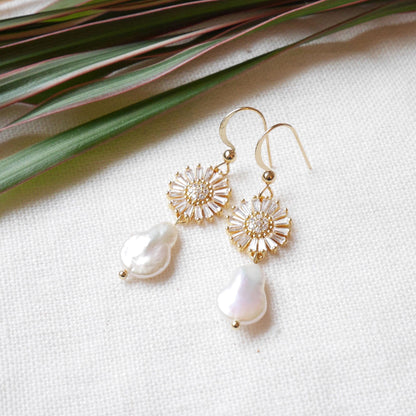 Flower pearl drop earrings | Zircon daisy earrings | Teardrop shape freshwater pearl dangle earrings gift | Floral gold earrings for bride