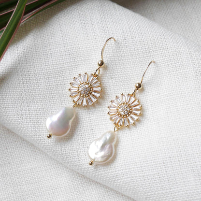 Flower pearl drop earrings | Zircon daisy earrings | Teardrop shape freshwater pearl dangle earrings gift | Floral gold earrings for bride