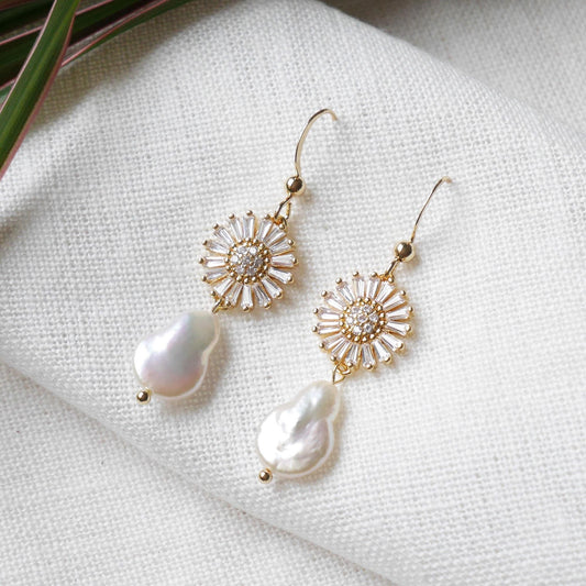 Flower pearl drop earrings | Zircon daisy earrings | Teardrop shape freshwater pearl dangle earrings gift | Floral gold earrings for bride