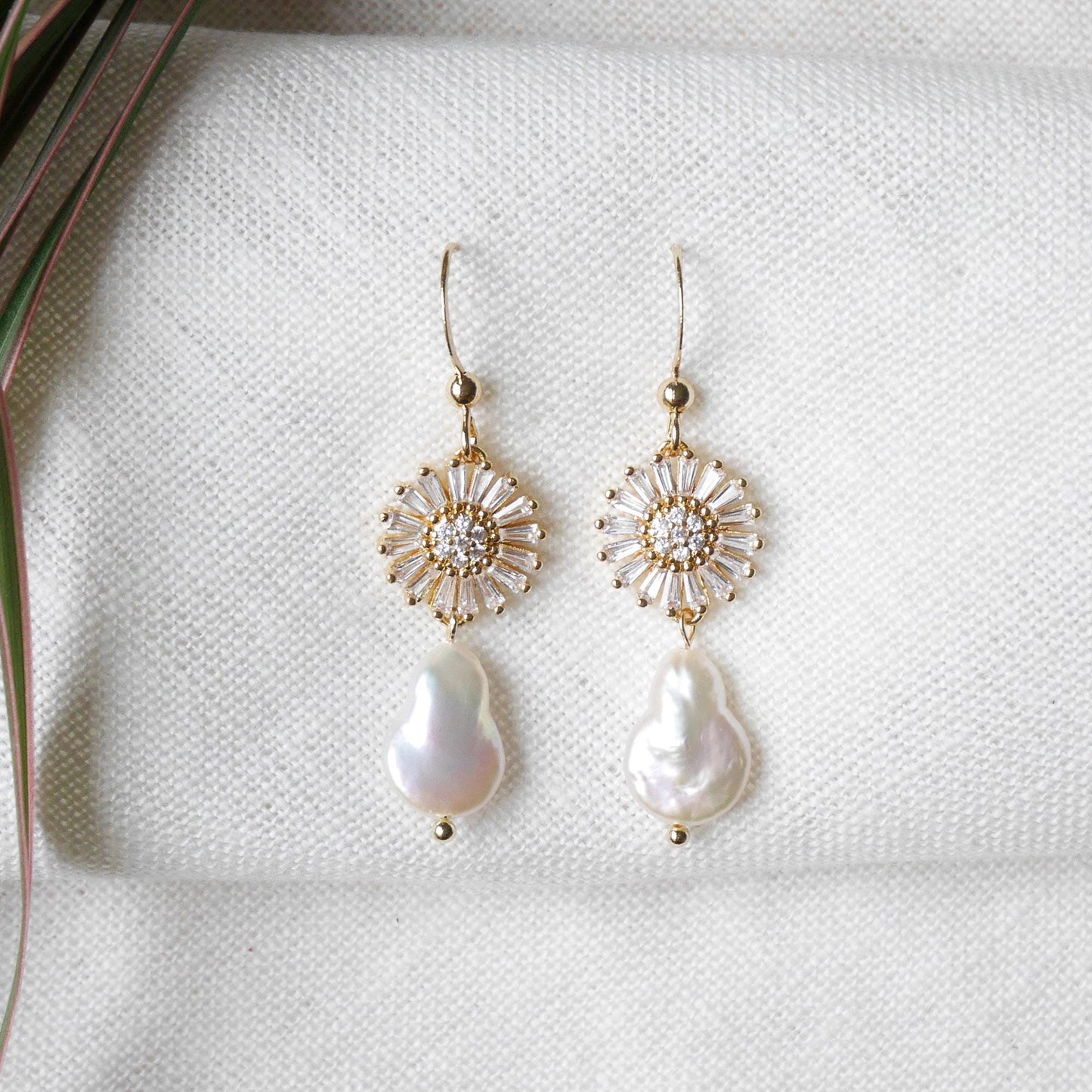 Flower pearl drop earrings | Zircon daisy earrings | Teardrop shape freshwater pearl dangle earrings gift | Floral gold earrings for bride