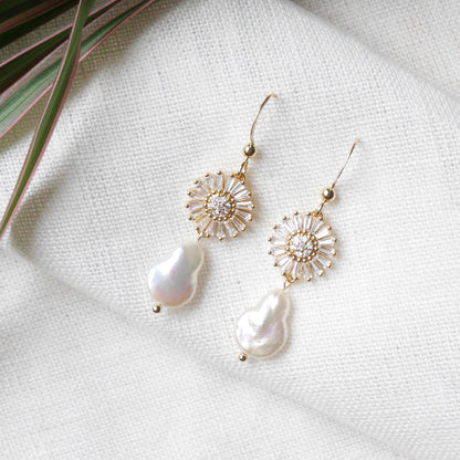 Flower pearl drop earrings | Zircon daisy earrings | Teardrop shape freshwater pearl dangle earrings gift | Floral gold earrings for bride