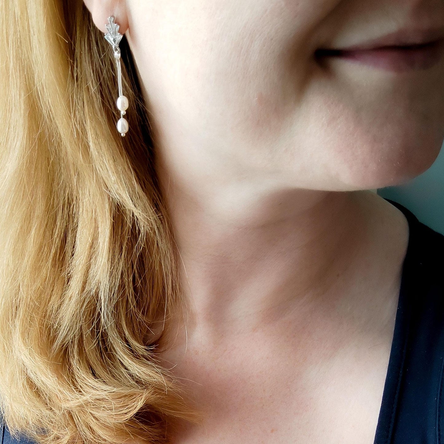 Silver art deco wedding earrings | Long freshwater pearl drop earring | Bridal pearl earrings | Dainty elegant zircon jewelry for brides