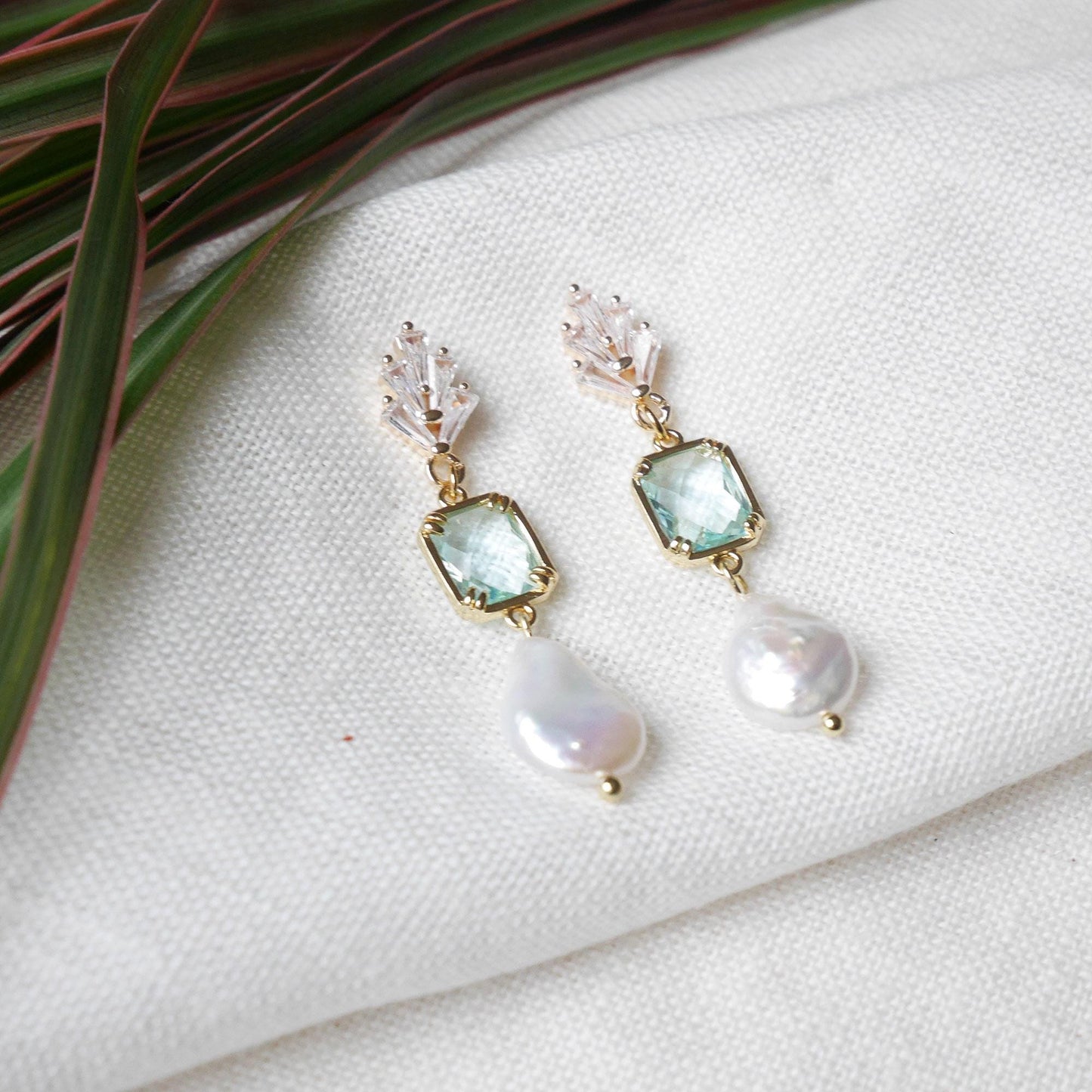 Something blue dangle earrings – dainty light blue glass and freshwater pearl drop