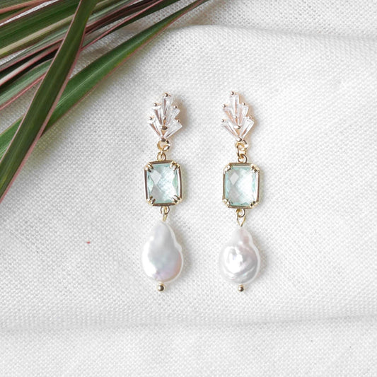 Something blue dangle earrings – dainty light blue glass and freshwater pearl drop