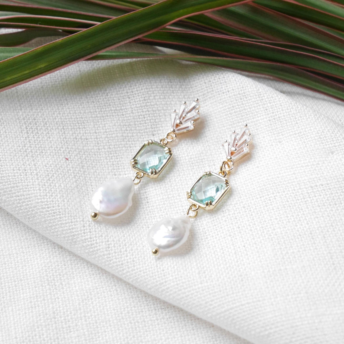 Something blue dangle earrings – dainty light blue glass and freshwater pearl drop