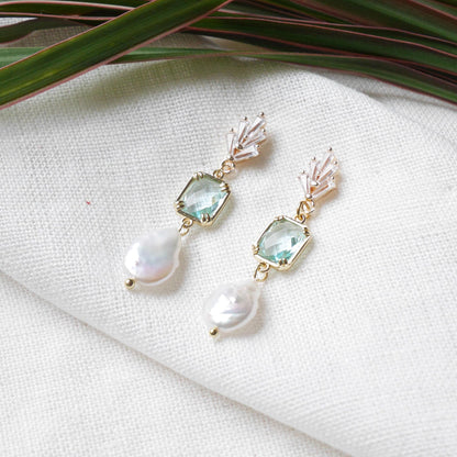 Something blue dangle earrings – dainty light blue glass and freshwater pearl drop