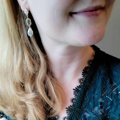 Something blue dangle earrings – dainty light blue glass and freshwater pearl drop