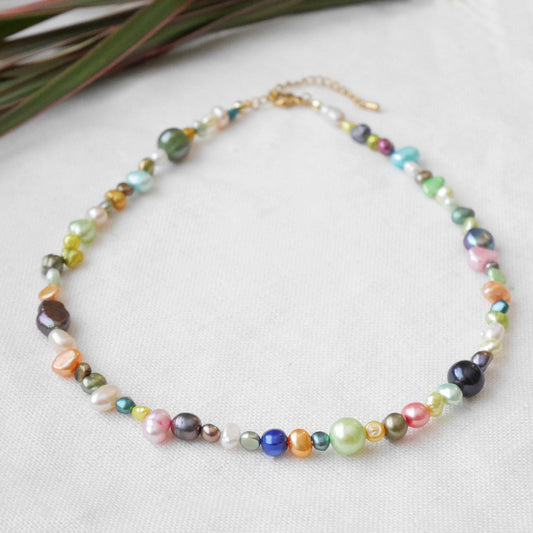 Colorful freshwater pearls necklace | Mixed colors, sizes and shapes pearl choker | Unique fun beaded multicolor jewelry gift for woman