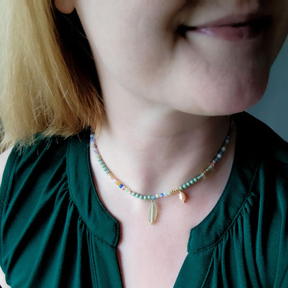 Millefiori green bead necklace | Mint green beaded necklace | Colorful glass beads jewelry | Dainty light pearl charm choker gift for her