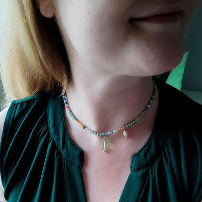 Millefiori green bead necklace | Mint green beaded necklace | Colorful glass beads jewelry | Dainty light pearl charm choker gift for her