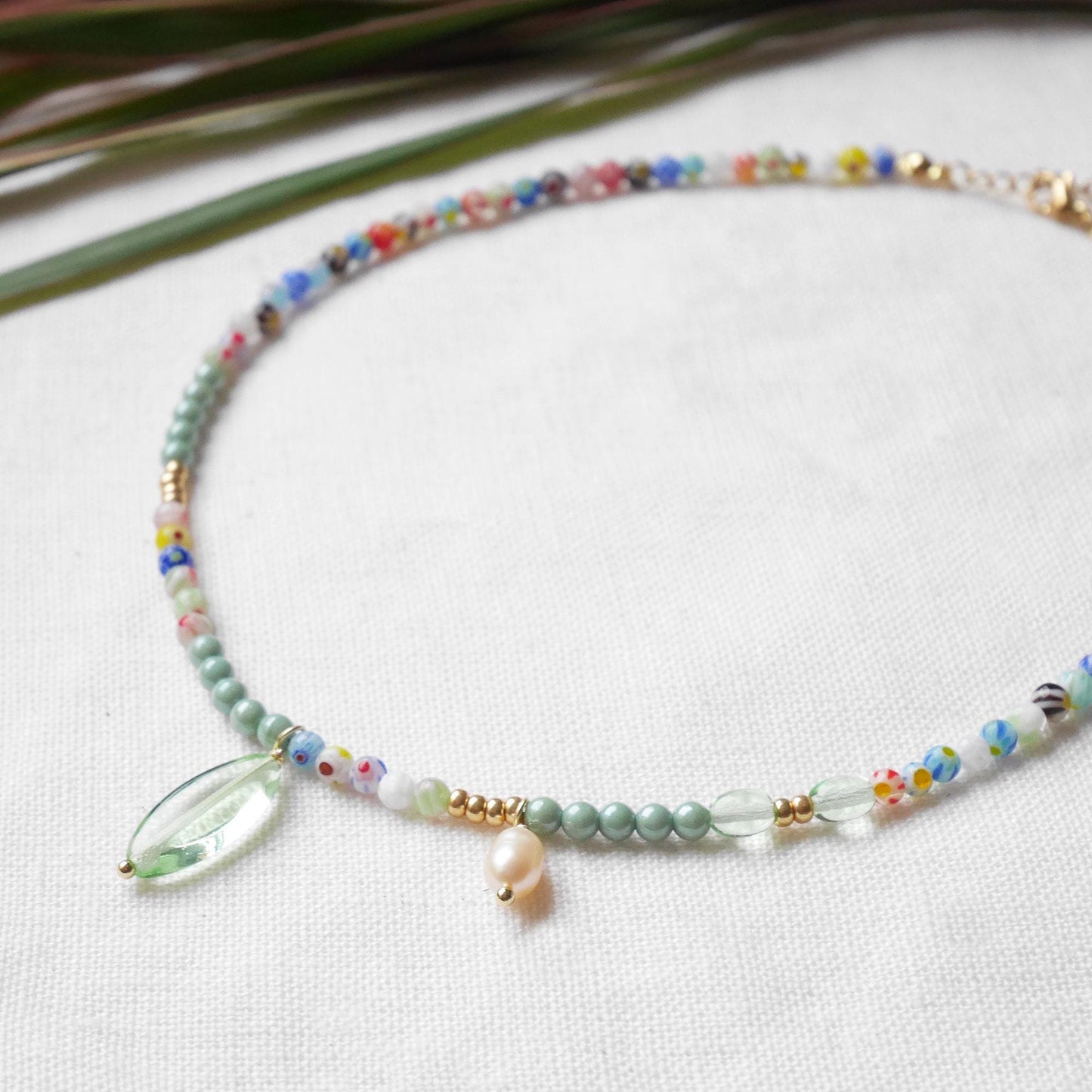 Millefiori green bead necklace | Mint green beaded necklace | Colorful glass beads jewelry | Dainty light pearl charm choker gift for her