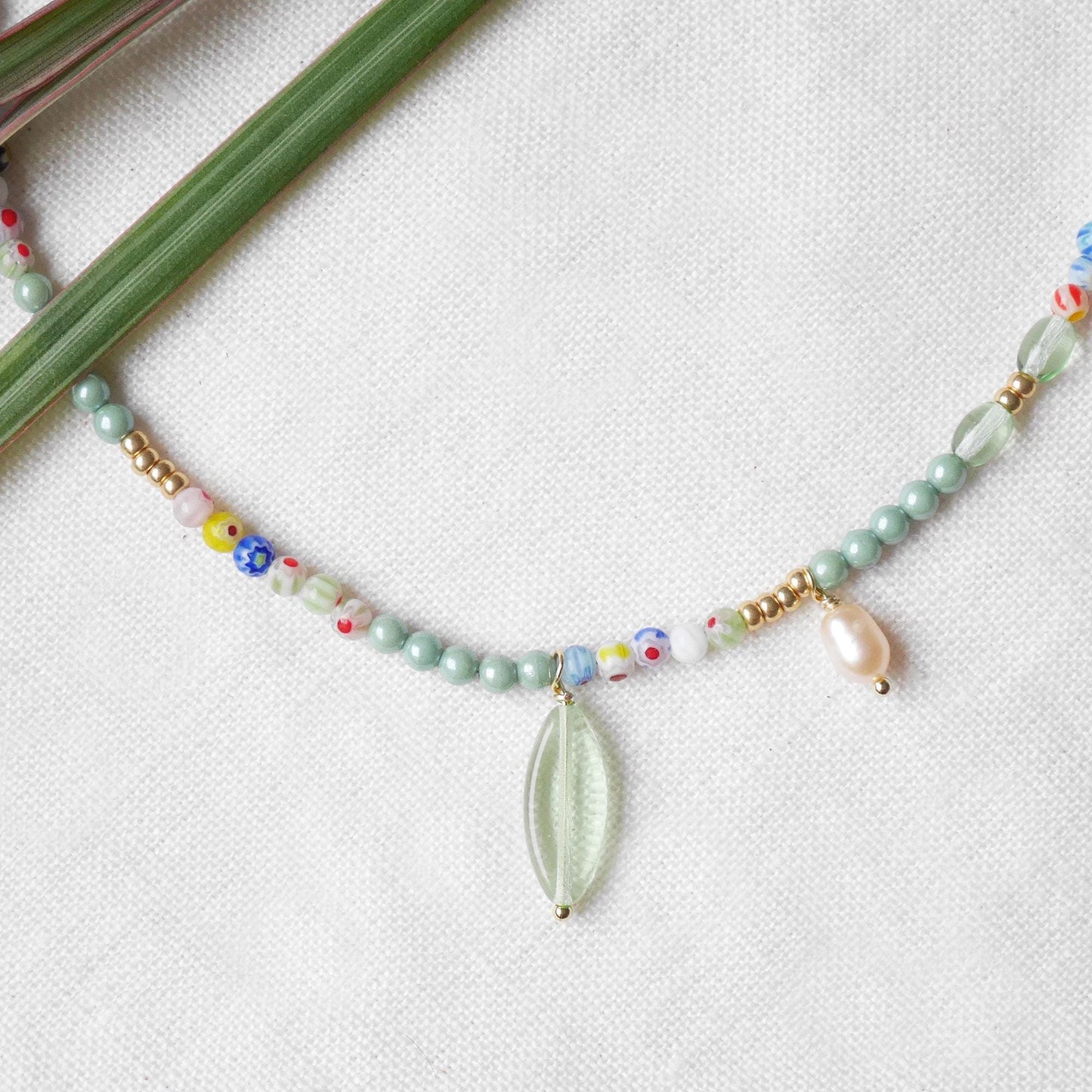 Millefiori green bead necklace | Mint green beaded necklace | Colorful glass beads jewelry | Dainty light pearl charm choker gift for her
