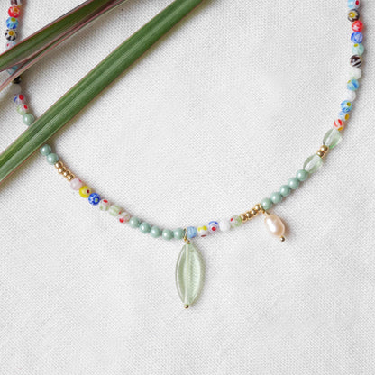 Millefiori green bead necklace | Mint green beaded necklace | Colorful glass beads jewelry | Dainty light pearl charm choker gift for her