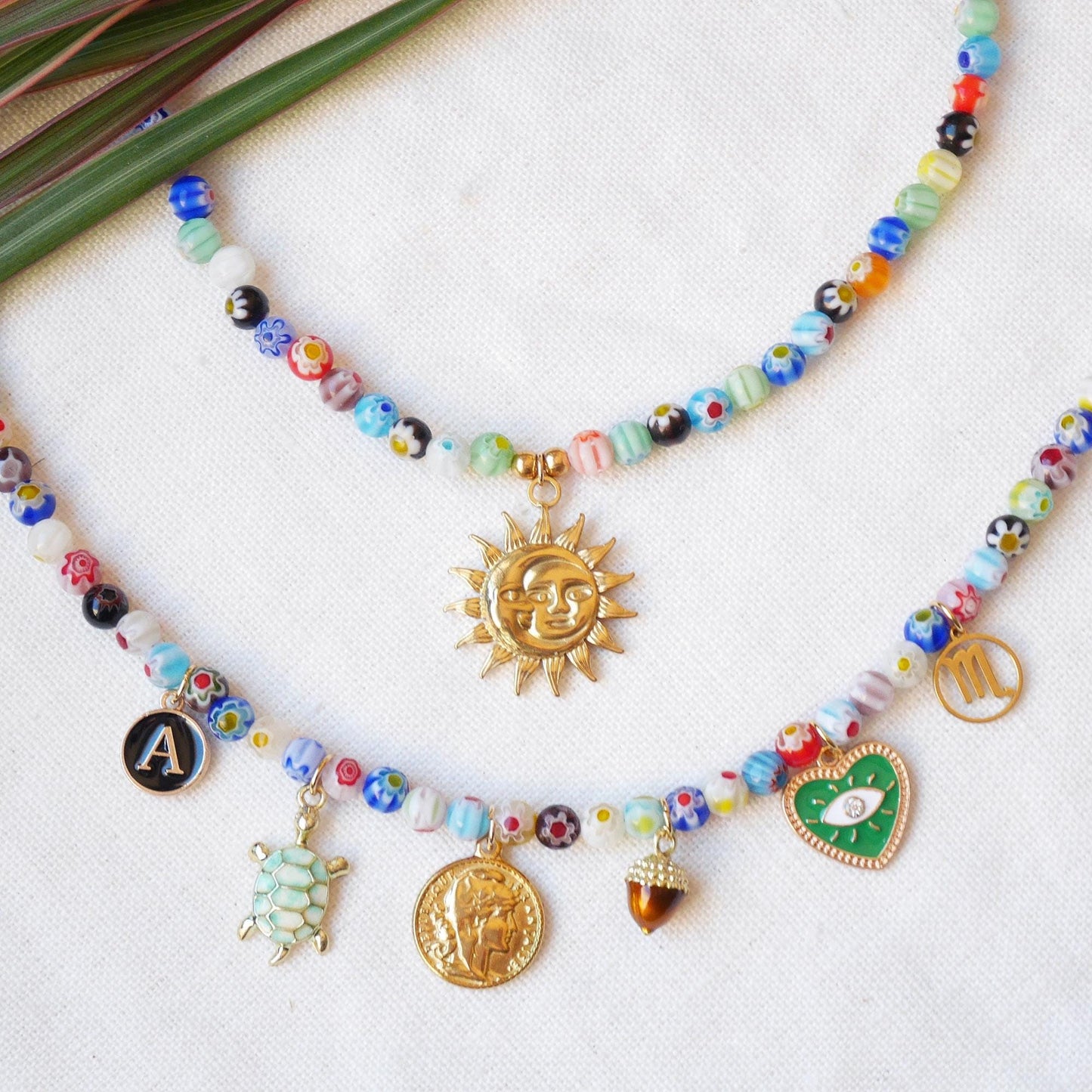Colorful custom charms necklace | Personal Christmas gift | Millefiori glass bead choker with your choice of pendants | Cute present for her