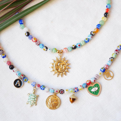 Colorful custom charms necklace | Personal Christmas gift | Millefiori glass bead choker with your choice of pendants | Cute present for her