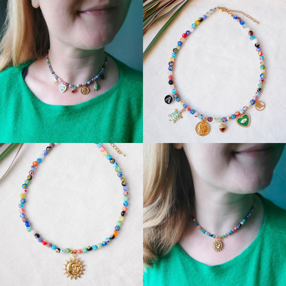 Colorful custom charms necklace | Personal Christmas gift | Millefiori glass bead choker with your choice of pendants | Cute present for her