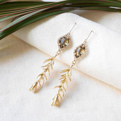 Long smoky leaf earrings | Elegant gold dangle earrings | Glamorous rosemary leaves jewelry | Vintage style statement earrings gift for her