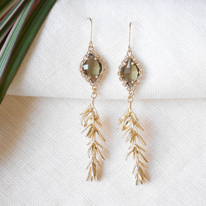 Long smoky leaf earrings | Elegant gold dangle earrings | Glamorous rosemary leaves jewelry | Vintage style statement earrings gift for her