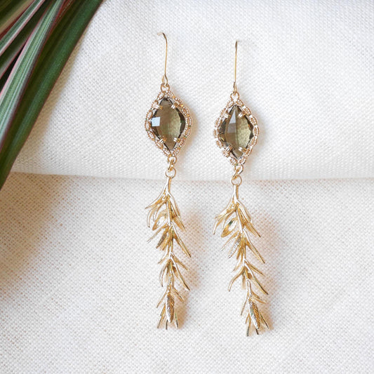 Long smoky leaf earrings | Elegant gold dangle earrings | Glamorous rosemary leaves jewelry | Vintage style statement earrings gift for her