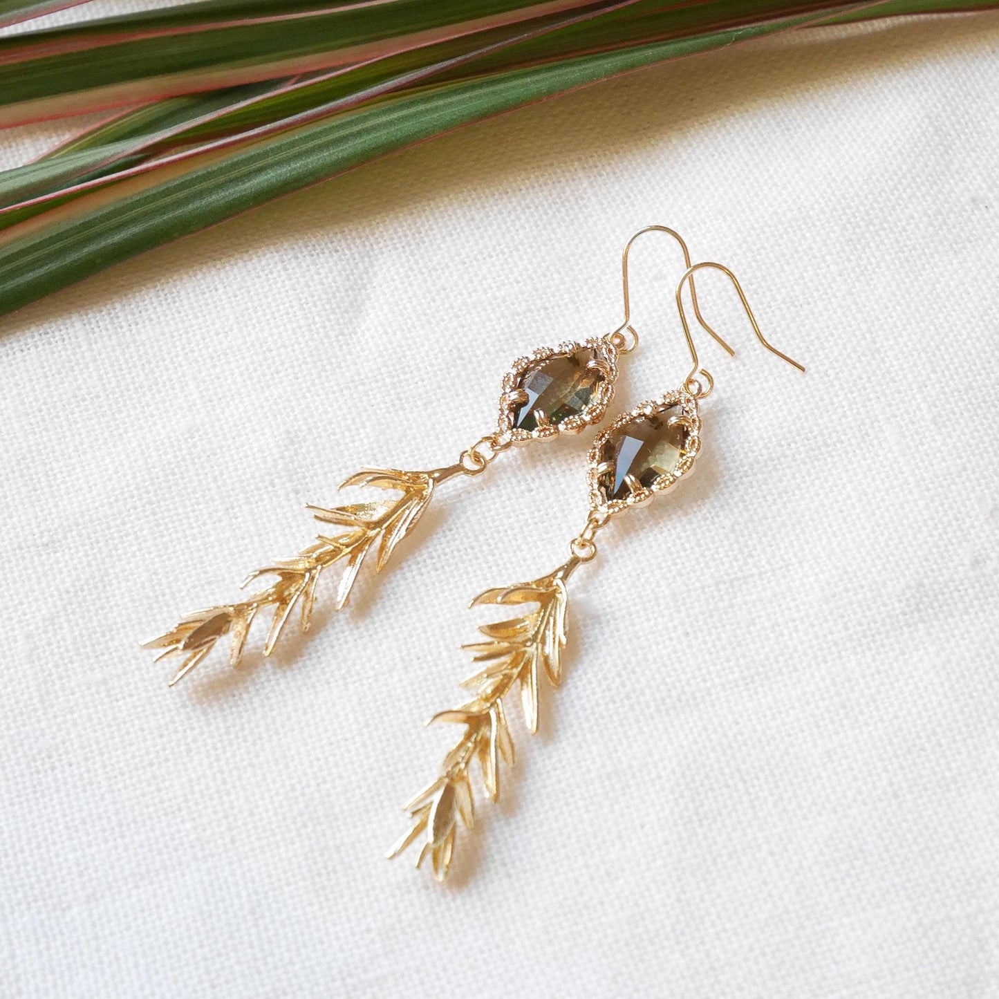 Long smoky leaf earrings | Elegant gold dangle earrings | Glamorous rosemary leaves jewelry | Vintage style statement earrings gift for her