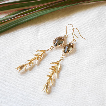 Long smoky leaf earrings | Elegant gold dangle earrings | Glamorous rosemary leaves jewelry | Vintage style statement earrings gift for her