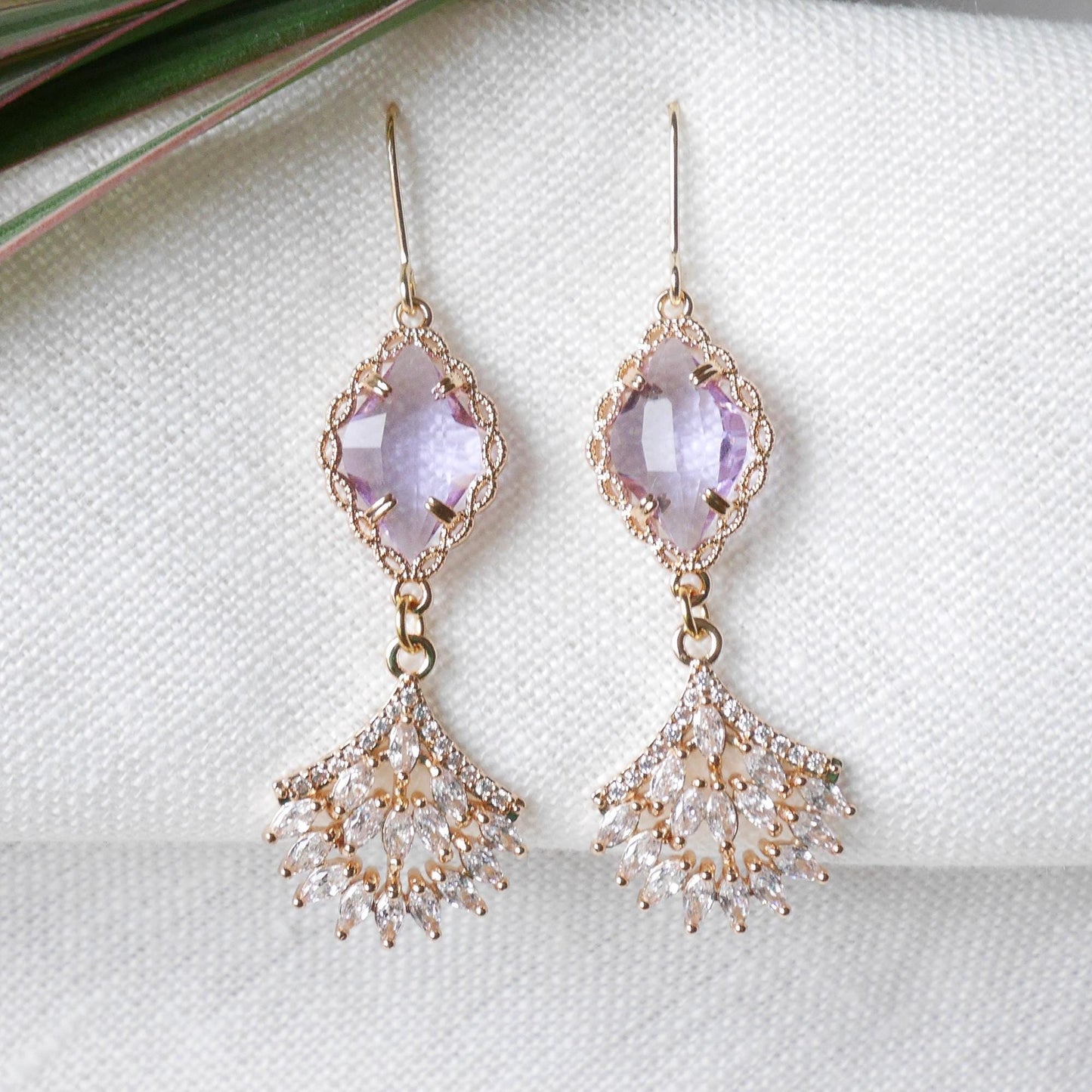Light purple wedding dangle earrings | Elegant bridal zircon fan earrings | Delicate cute long earrings for the bride | Classic gala jewelry