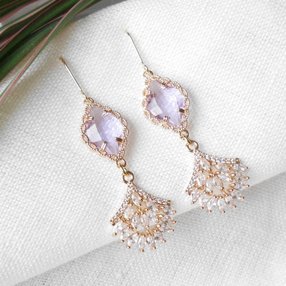 Light purple wedding dangle earrings | Elegant bridal zircon fan earrings | Delicate cute long earrings for the bride | Classic gala jewelry