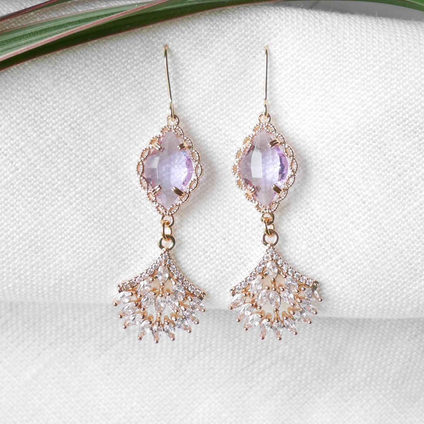 Light purple wedding dangle earrings | Elegant bridal zircon fan earrings | Delicate cute long earrings for the bride | Classic gala jewelry