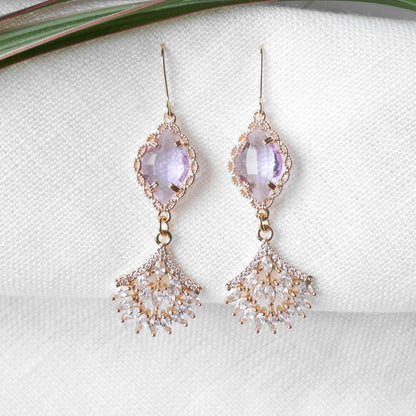 Light purple wedding dangle earrings | Elegant bridal zircon fan earrings | Delicate cute long earrings for the bride | Classic gala jewelry