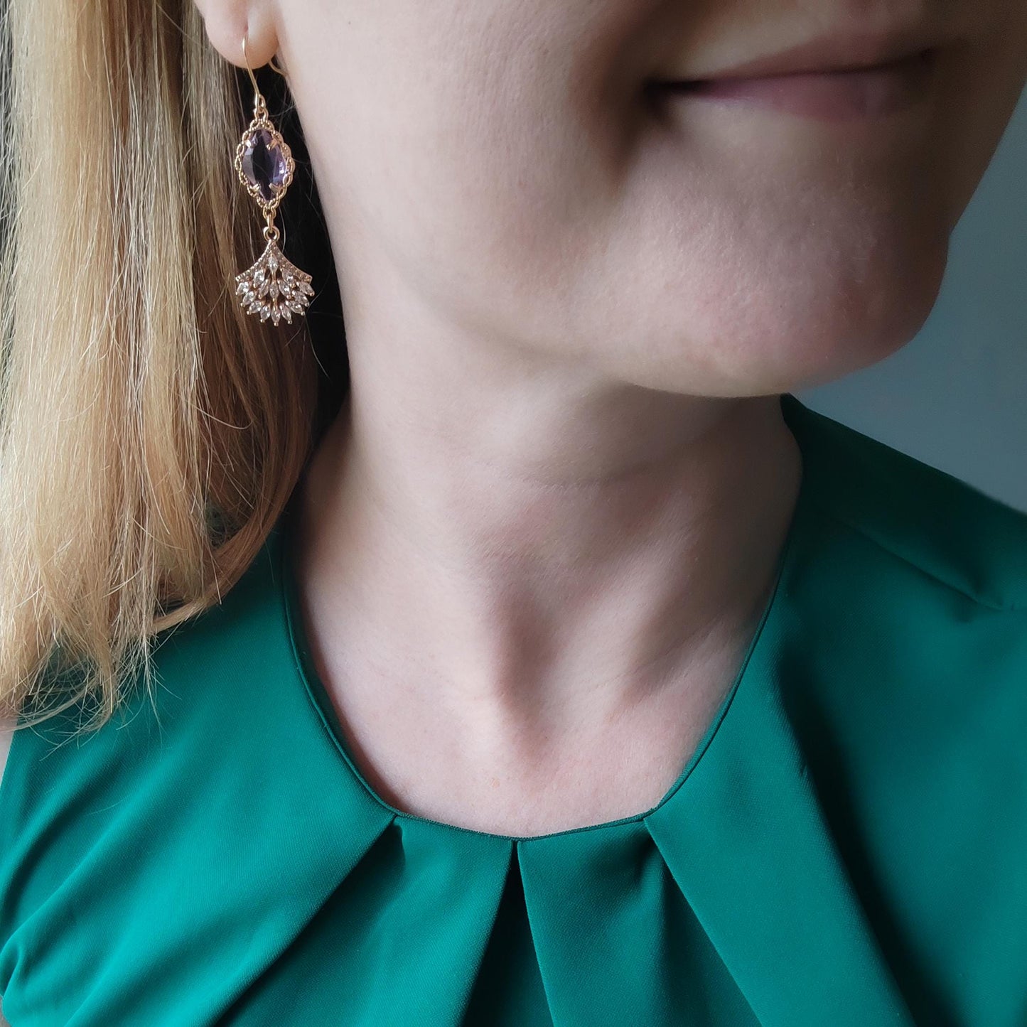 Light purple wedding dangle earrings | Elegant bridal zircon fan earrings | Delicate cute long earrings for the bride | Classic gala jewelry