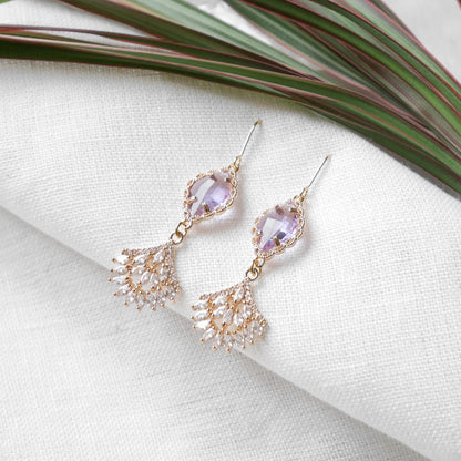 Light purple wedding dangle earrings | Elegant bridal zircon fan earrings | Delicate cute long earrings for the bride | Classic gala jewelry