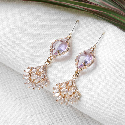 Light purple wedding dangle earrings | Elegant bridal zircon fan earrings | Delicate cute long earrings for the bride | Classic gala jewelry