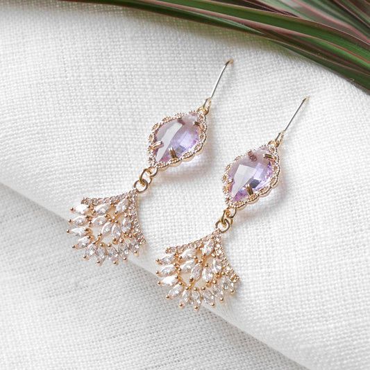 Light purple wedding dangle earrings | Elegant bridal zircon fan earrings | Delicate cute long earrings for the bride | Classic gala jewelry