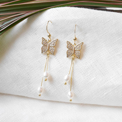 Butterfly pearl dangle earrings | Long freshwater pearl drop earrings | Ethereal dainty light-weight jewelry | Fairytale romantic gift idea