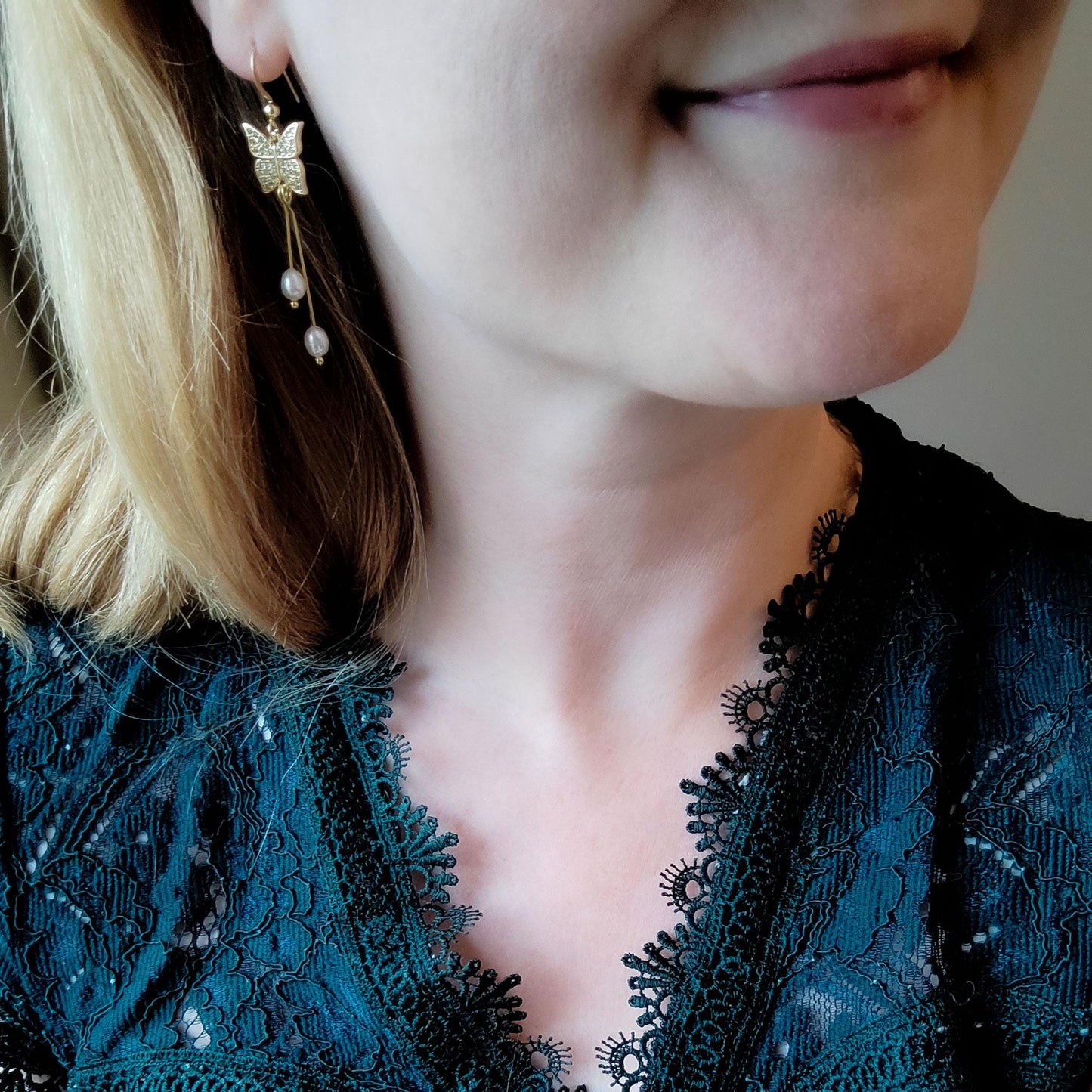 Butterfly pearl dangle earrings | Long freshwater pearl drop earrings | Ethereal dainty light-weight jewelry | Fairytale romantic gift idea