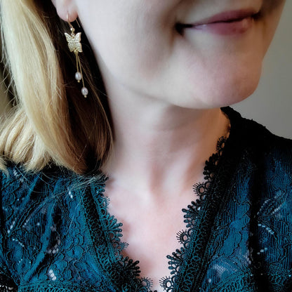 Butterfly pearl dangle earrings | Long freshwater pearl drop earrings | Ethereal dainty light-weight jewelry | Fairytale romantic gift idea