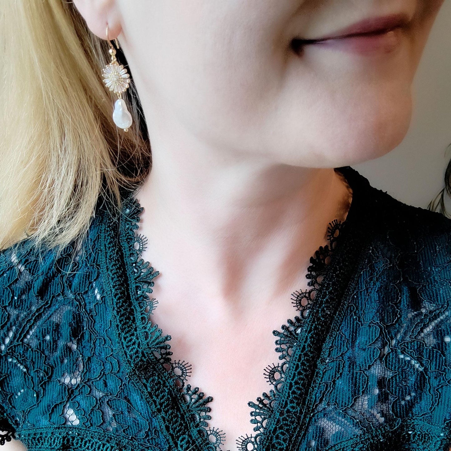 Flower pearl drop earrings | Zircon daisy earrings | Teardrop shape freshwater pearl dangle earrings gift | Floral gold earrings for bride