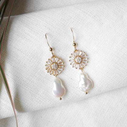 Flower pearl drop earrings | Zircon daisy earrings | Teardrop shape freshwater pearl dangle earrings gift | Floral gold earrings for bride