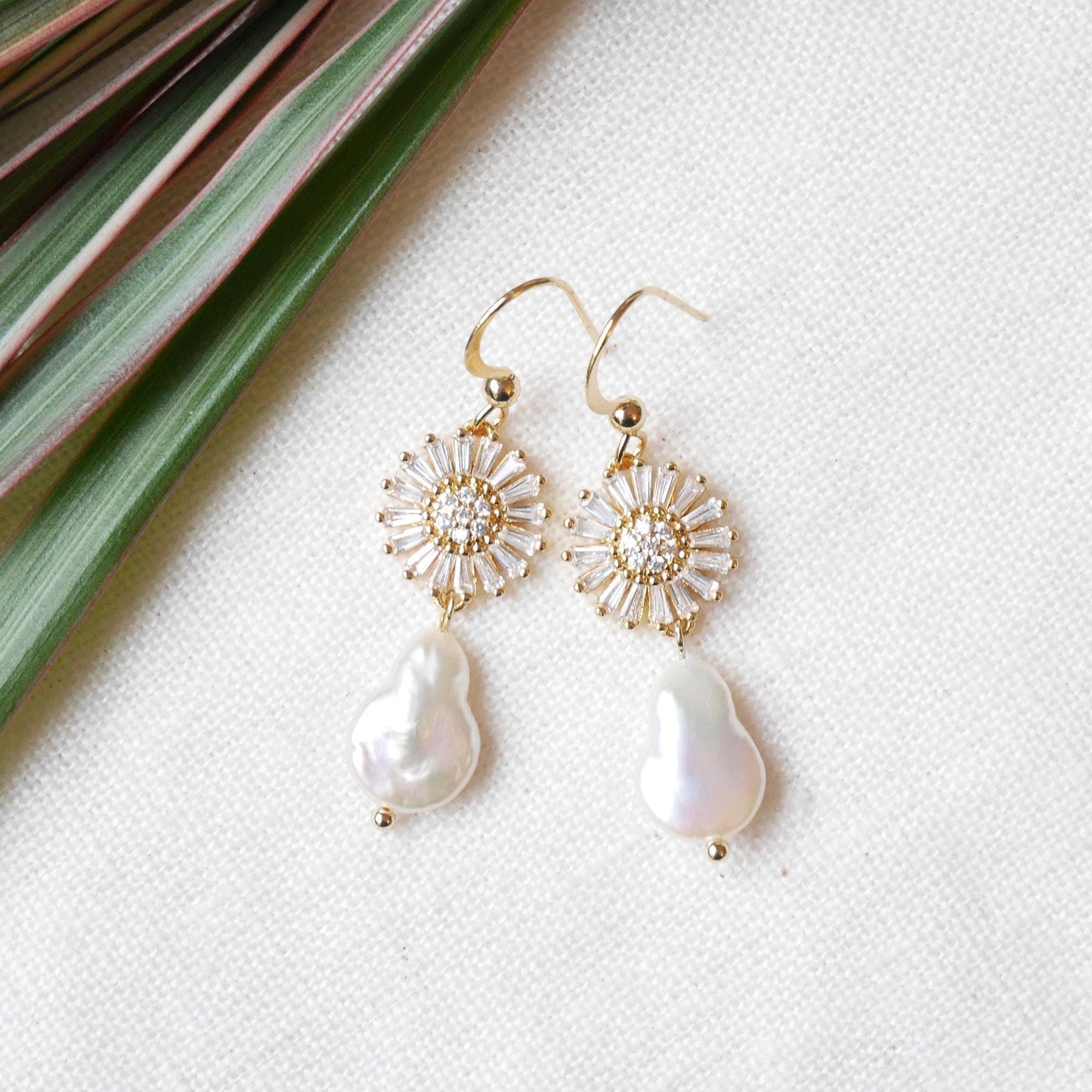 Flower pearl drop earrings | Zircon daisy earrings | Teardrop shape freshwater pearl dangle earrings gift | Floral gold earrings for bride