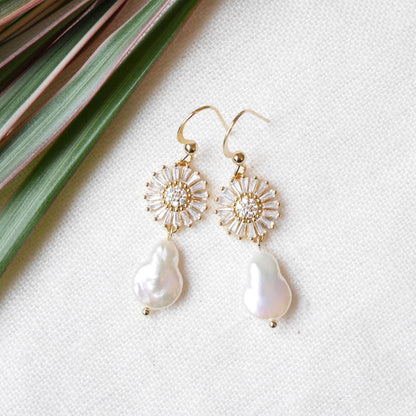 Flower pearl drop earrings | Zircon daisy earrings | Teardrop shape freshwater pearl dangle earrings gift | Floral gold earrings for bride